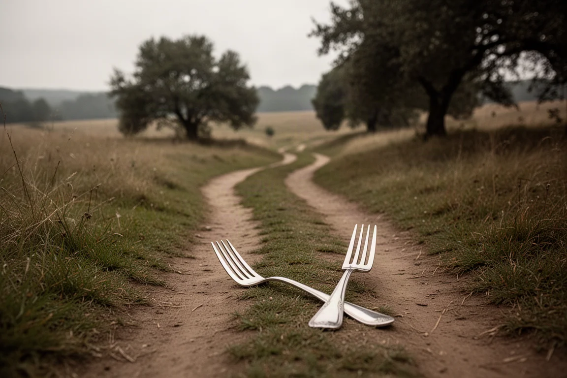 Carrefour de sentiers sur un chemin sinueux à la campagne sous une lumière couverte et douce