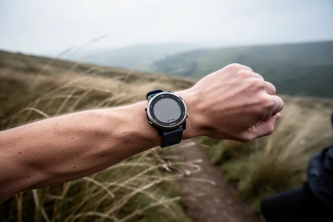 Poignet d'un coureur portant une montre de sport lumineuse sur un sentier côtier balayé par le vent