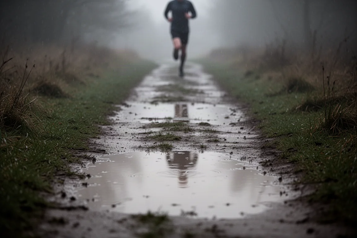 Sentier détrempé dans une lumière faible après de fortes pluies