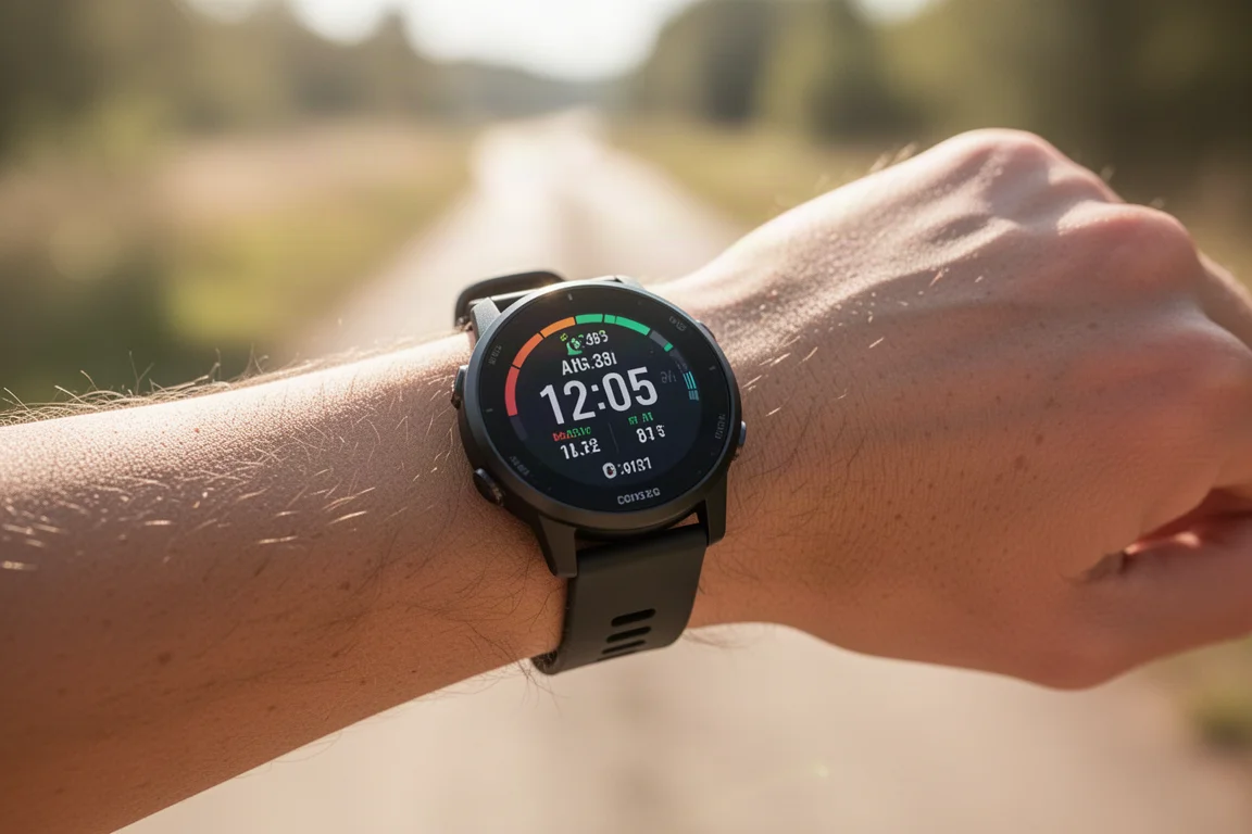Bright watch screen visible on a wrist during a sunny outdoor run
