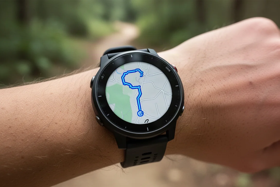 Wrist watch navigation screen showing a route line on a trail