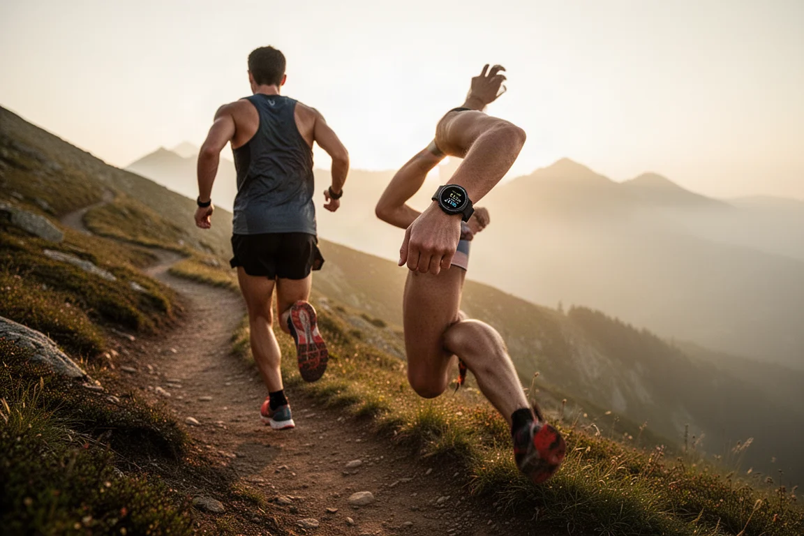 Runner following a mountain trail with a sports watch on the wrist