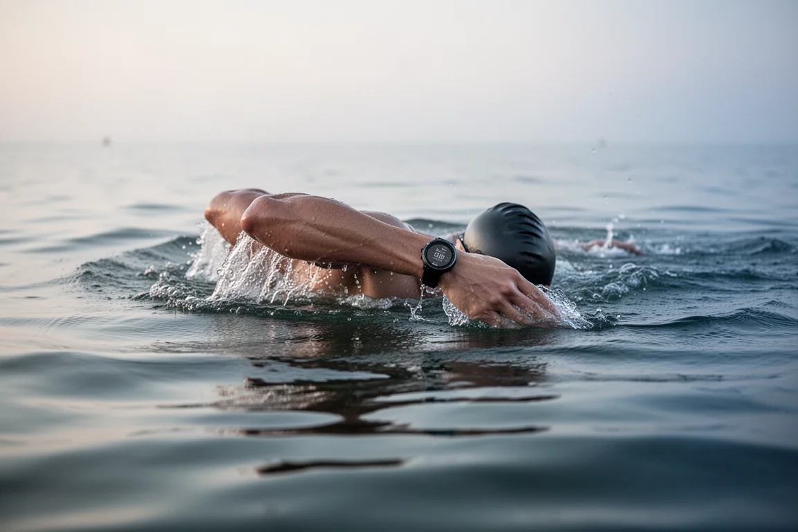 Swimmer in open water wearing a sports watch during a swim session