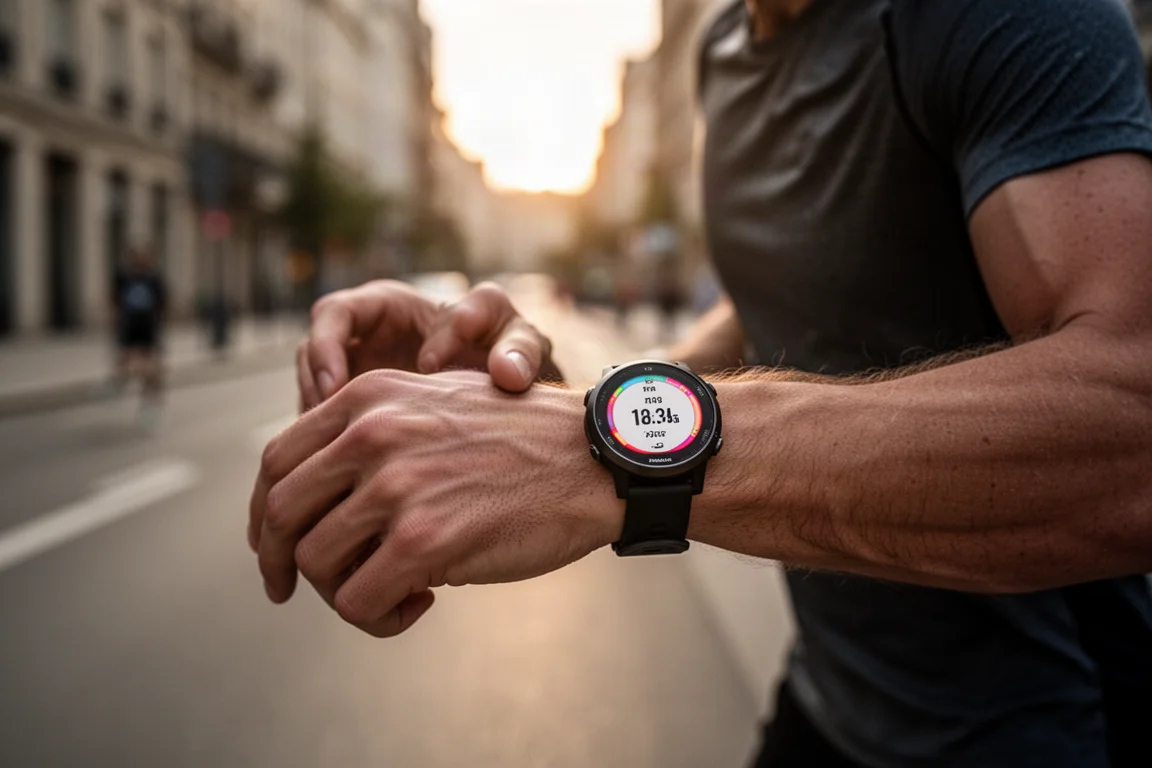 Runner checking a lightweight GPS watch during an early morning city run