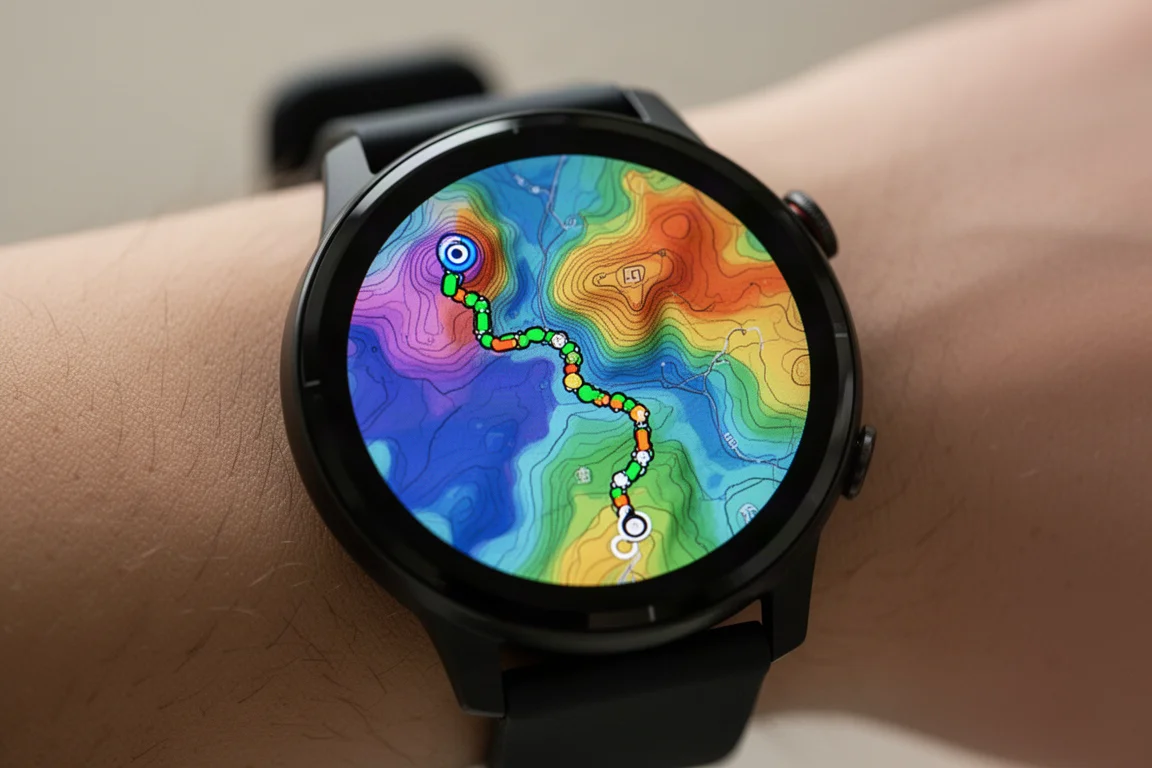 Colorful topographic map with a navigation route shown on a sports watch screen