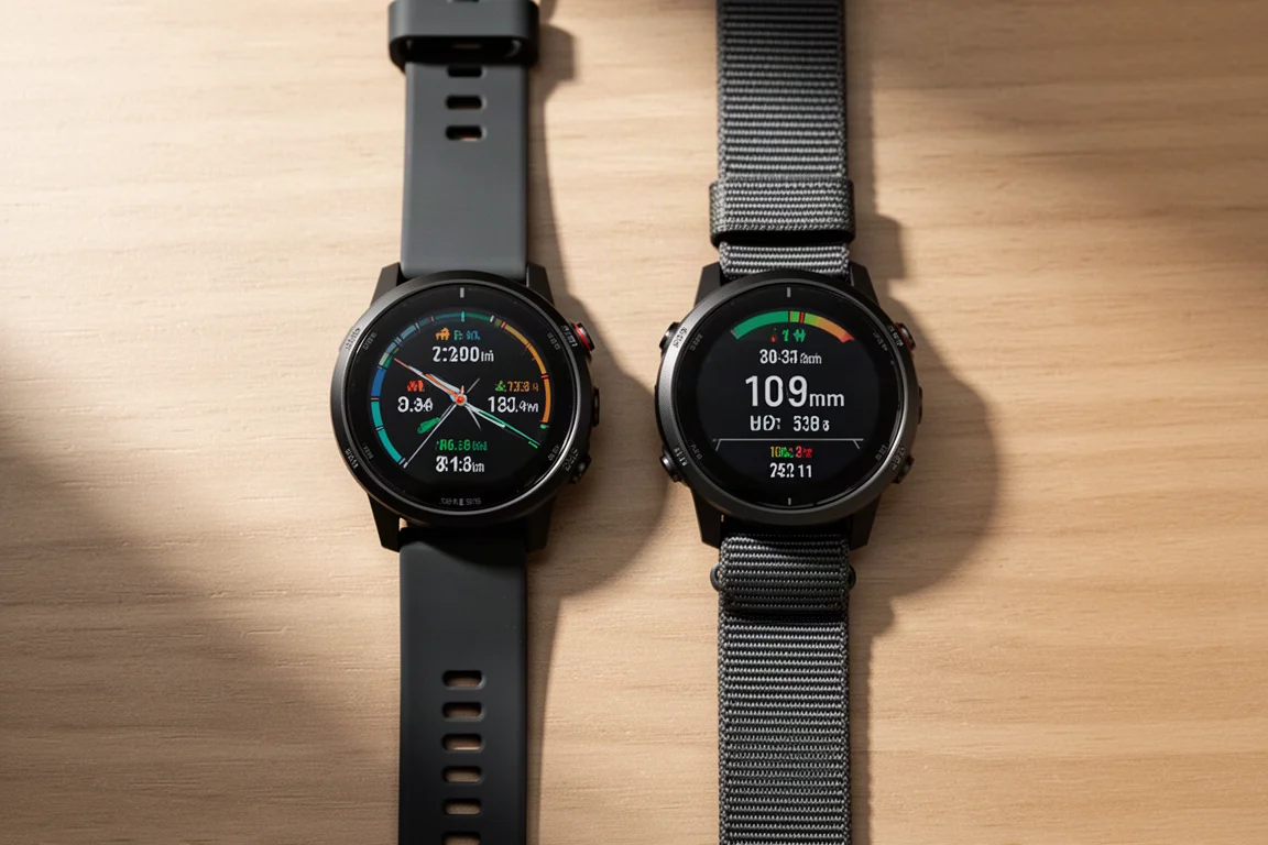 Two sports watches side by side on a wooden desk during a comparison test