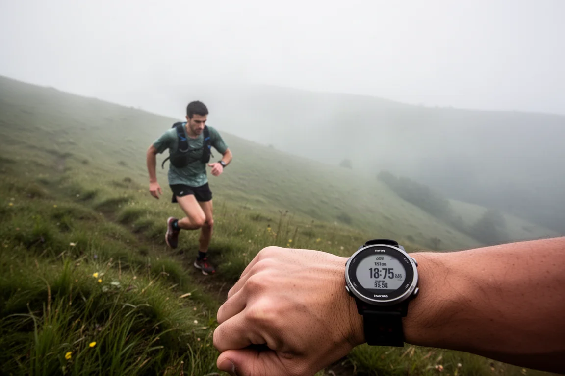 Trail runner ascending a misty hillside with a GPS watch on their wrist