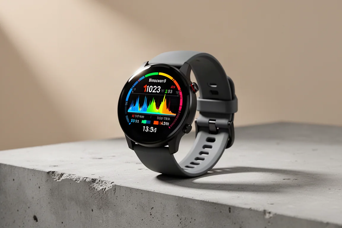 Coros Pace Pro GPS-Sportuhr mit rundem AMOLED-Display auf Betonoberfläche