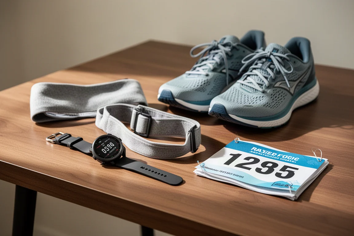 Deux montres de sport posées sur un bureau en bois avec des équipements de running dans une douce lumière matinale