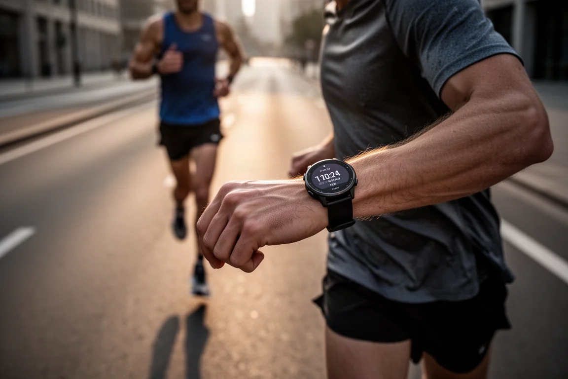 Coureur vérifiant son allure sur une montre de sport lors d'une sortie route régulière à l'aube