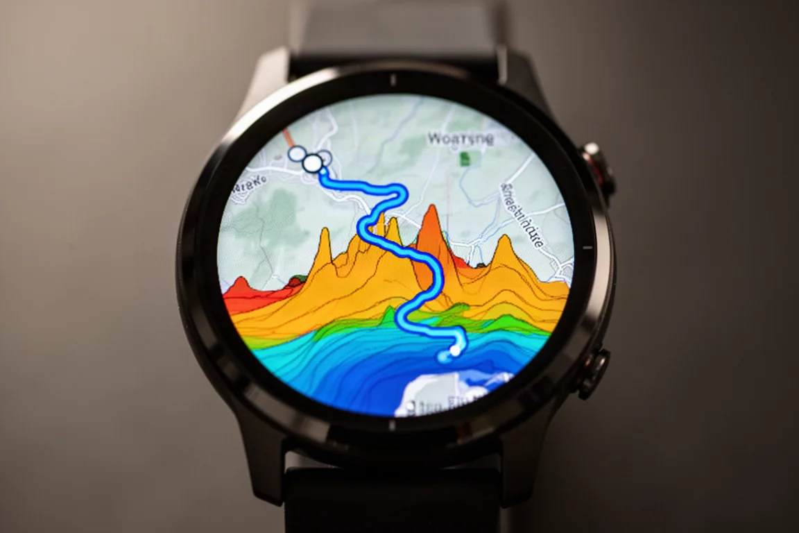 Gros plan sur l'écran d'une montre de sport affichant une carte d'itinéraire détaillée