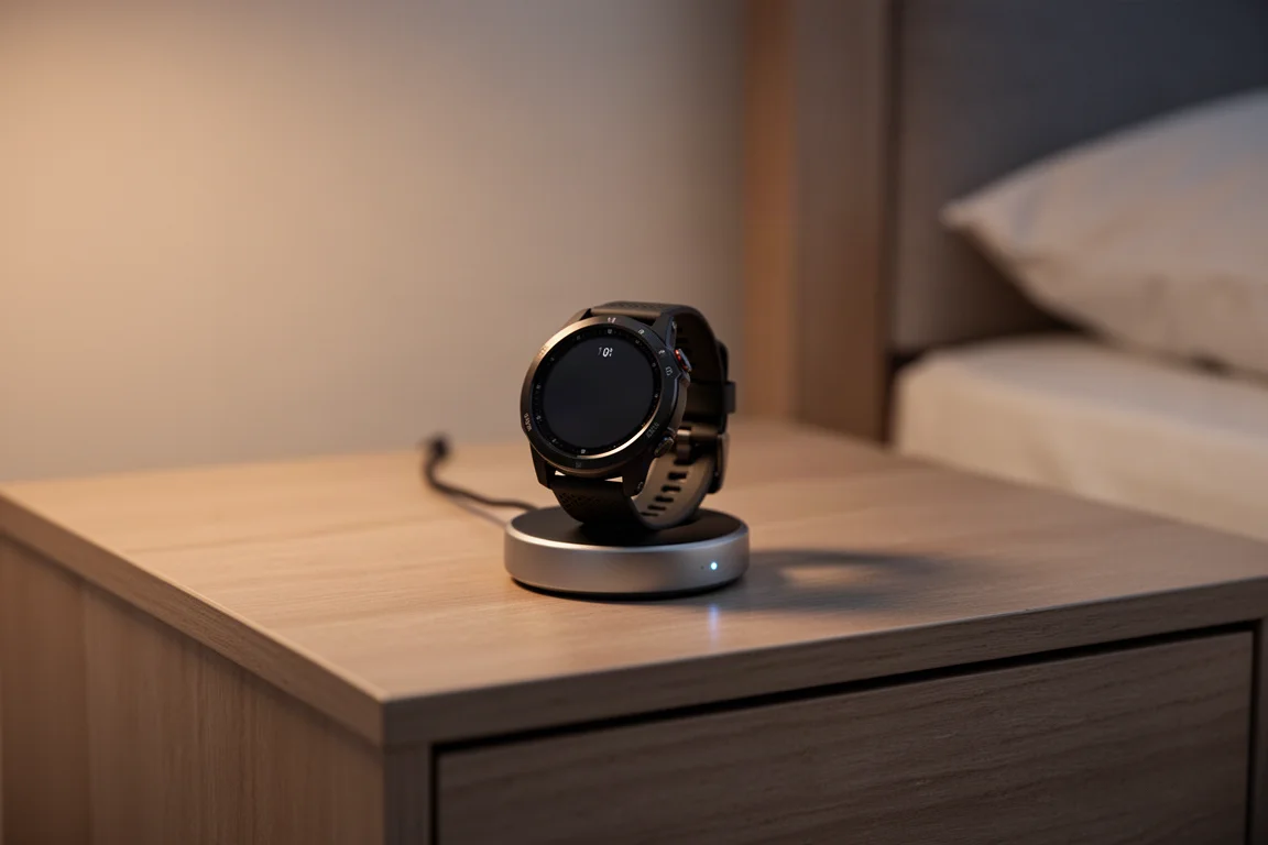 Montre de sport en charge sur une table de chevet dans une douce lumière du soir