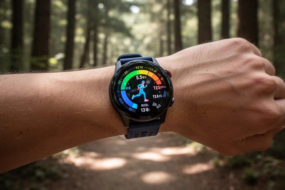 Cadran AMOLED lumineux affichant des statistiques de course sous la canopée d'une forêt