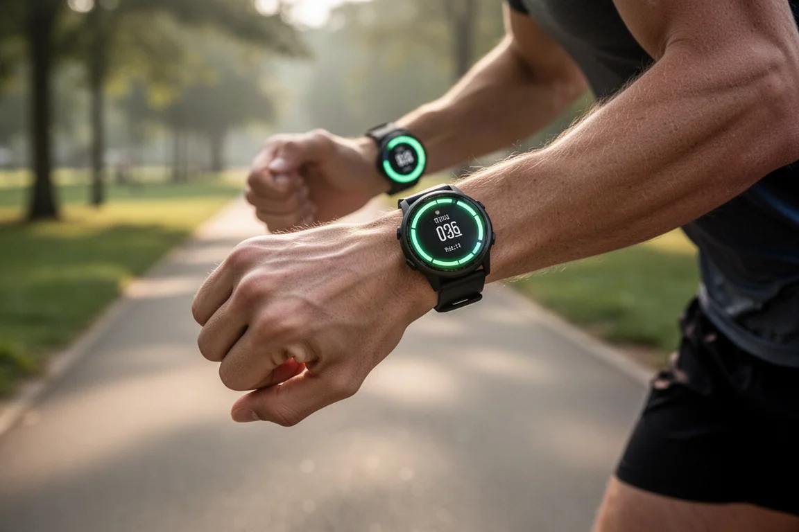 Coureur consultant les données d'allure sur deux montres de sport lors d'une course régulière sur route