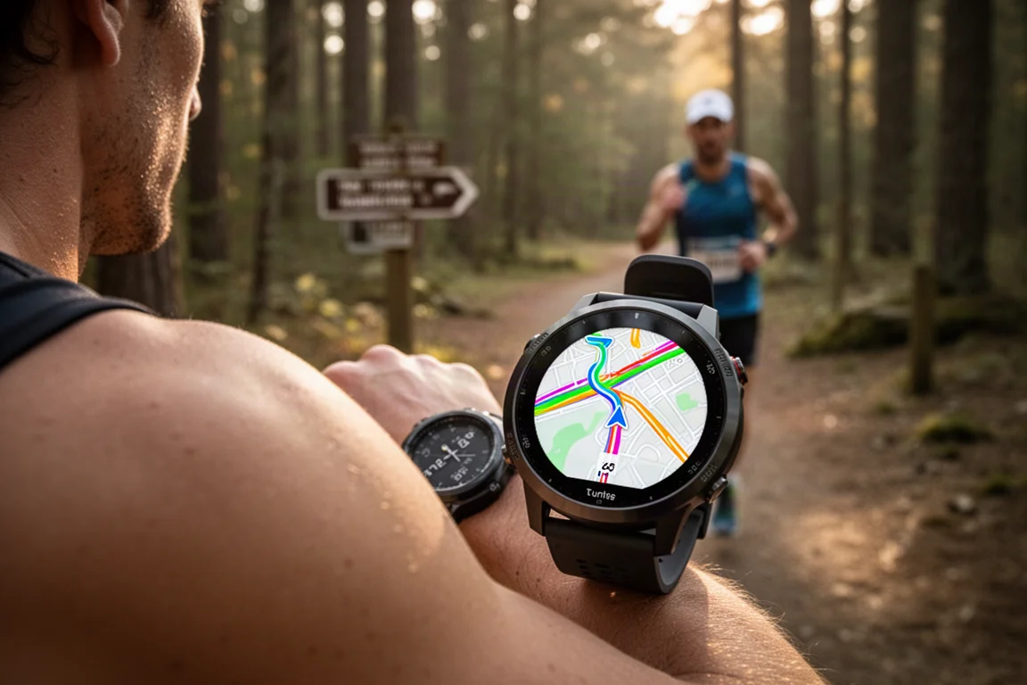 Vue de carte de navigation d'une montre GPS guidant un traileur sur des sentiers forestiers