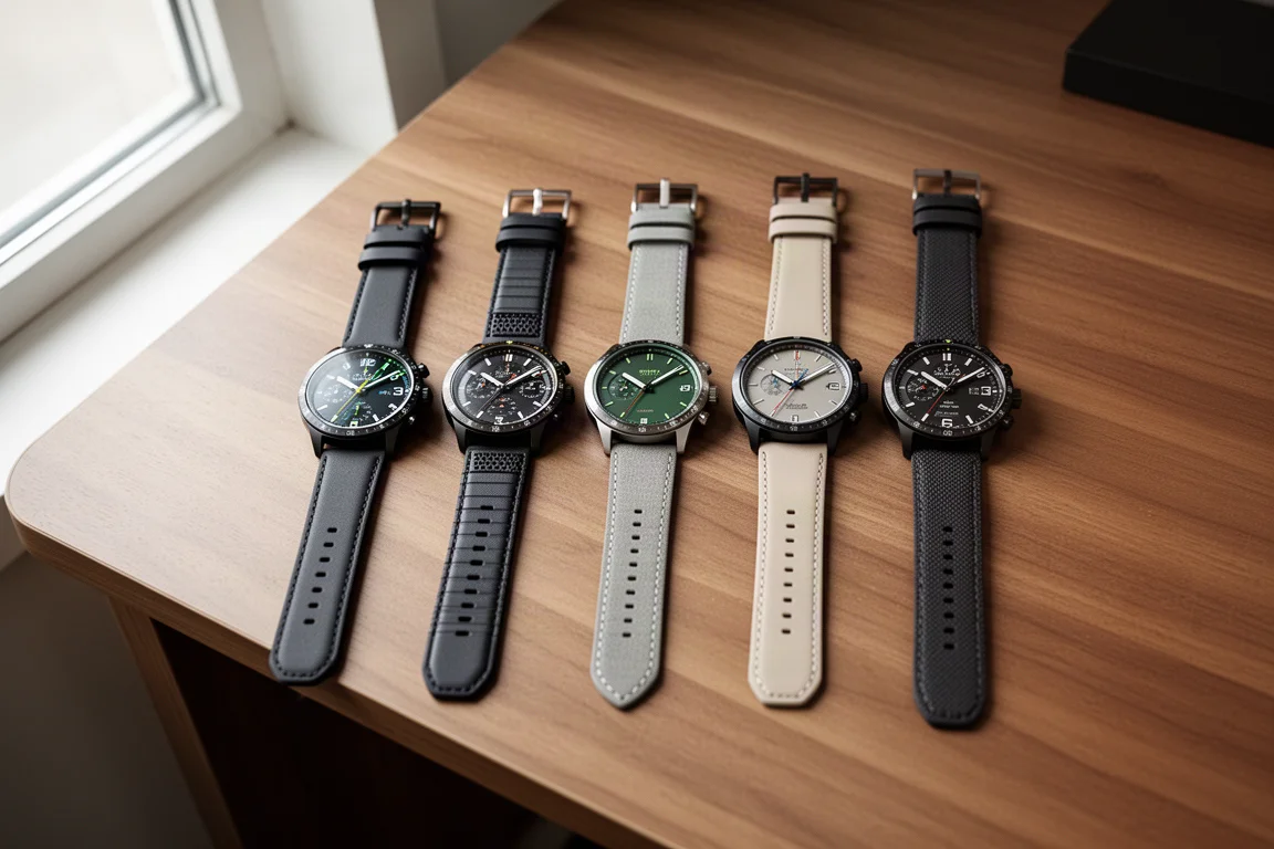 Six montres de sport alignées sur un bureau en bois, comparées côte à côte