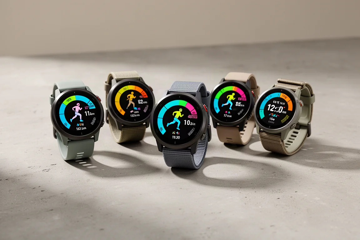 Six round AMOLED sports watches arranged on a concrete surface
