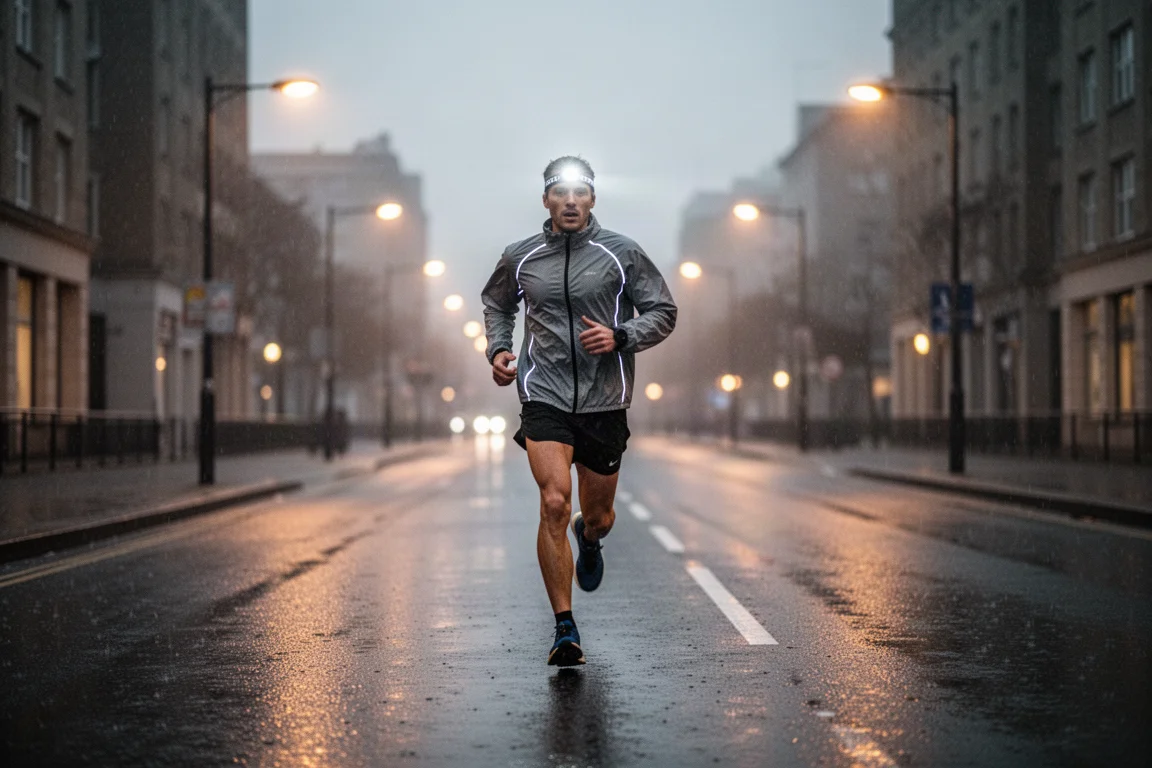 Runner starting a marathon in dark early morning conditions on a city street