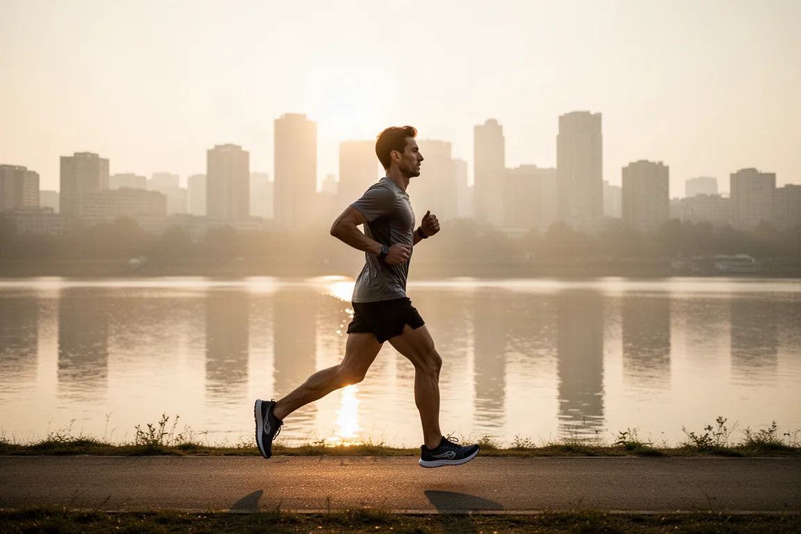 Runner on a riverside path at sunrise with city skyline behind