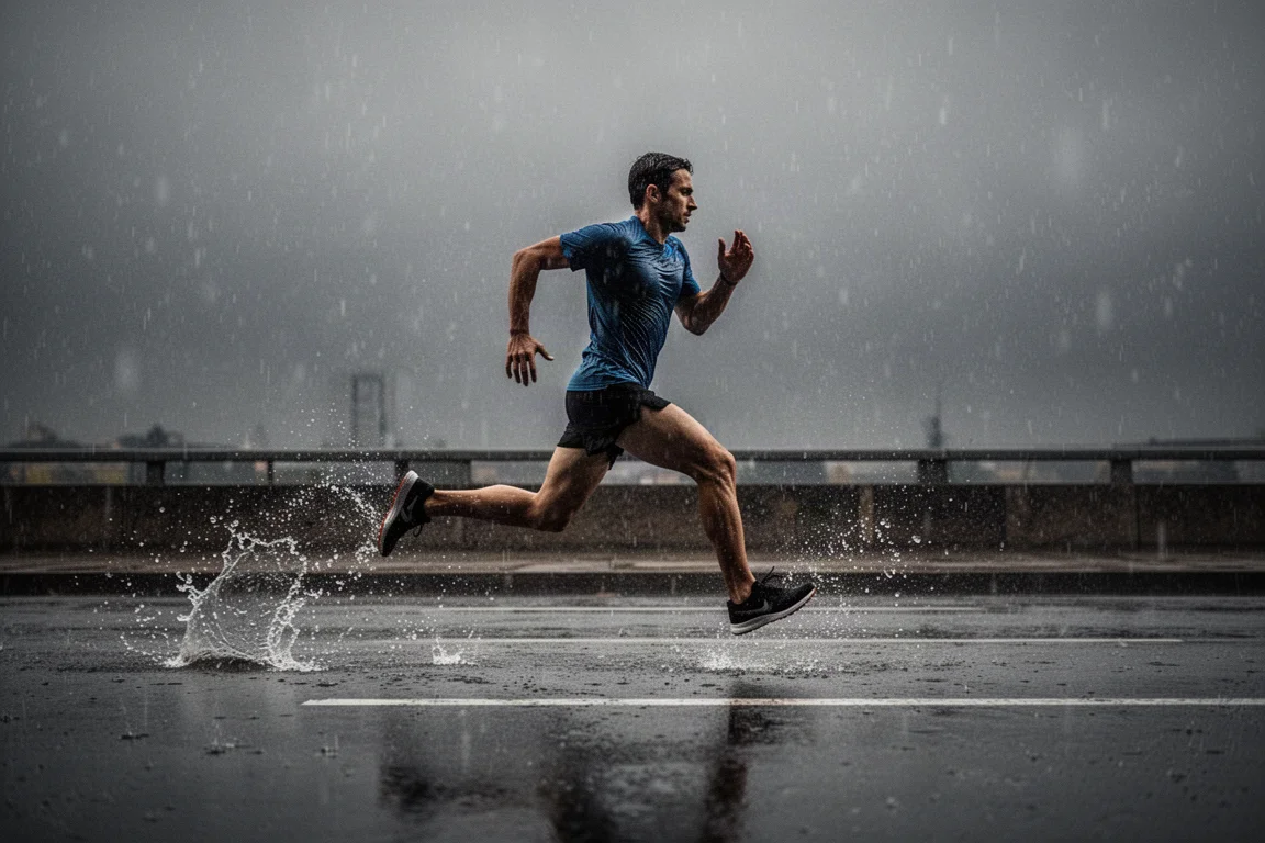 Runner training in heavy rain on a wet urban road