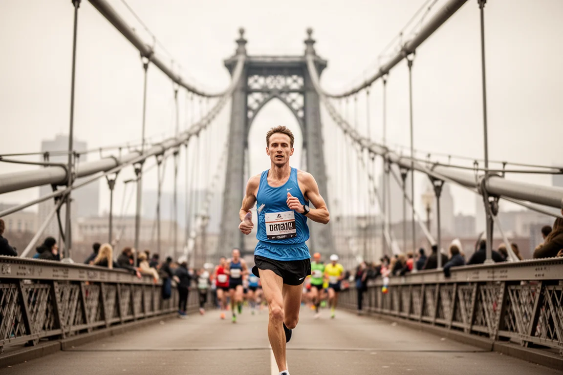 Runner crossing a suspension bridge during a city marathon