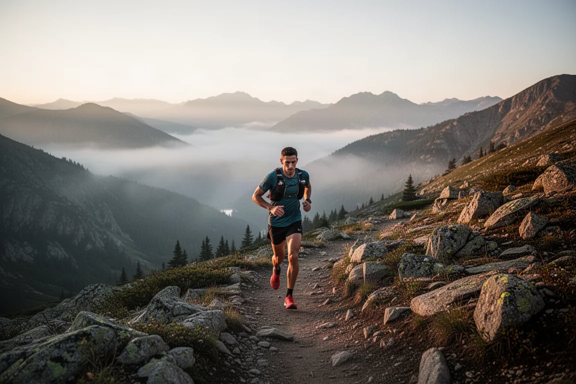 Trail runner on a rugged mountain path in early morning light