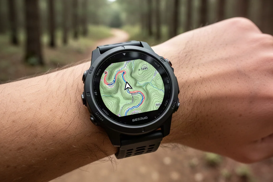 GPS watch face showing a full color topographic trail map