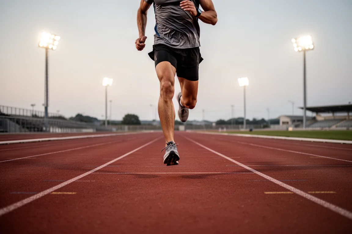 Runner doing track intervals on an empty athletics track at dusk