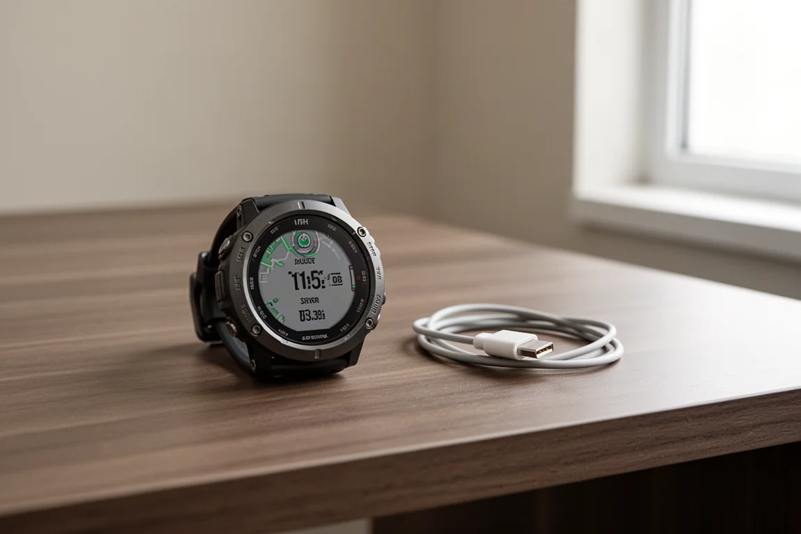 GPS watch charging on a wooden desk beside a compact charging cable
