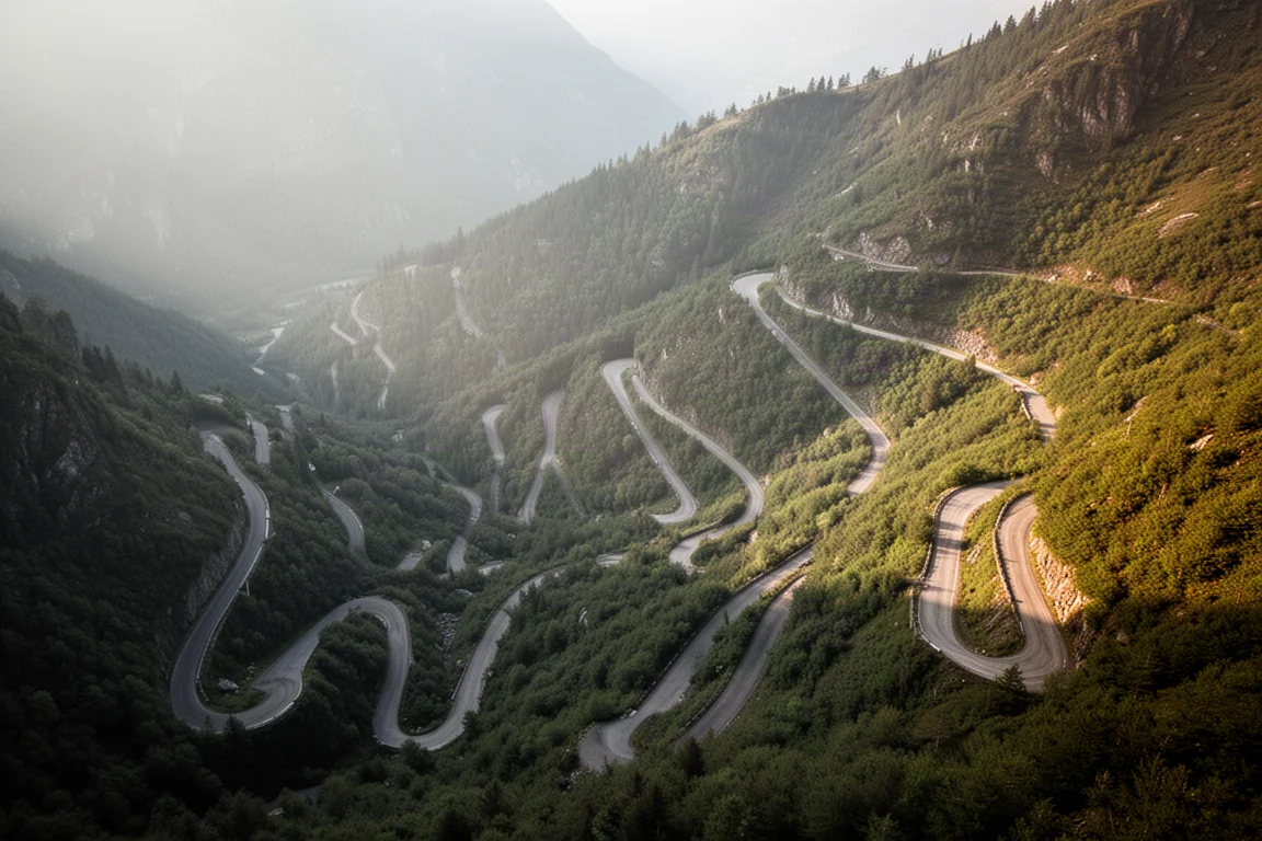 從高空俯瞰蜿蜒的山路髮夾彎,山徑穿過樹林