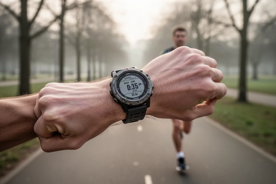 Coureur vérifiant une montre GPS de sport robuste au poignet lors d'un footing matinal