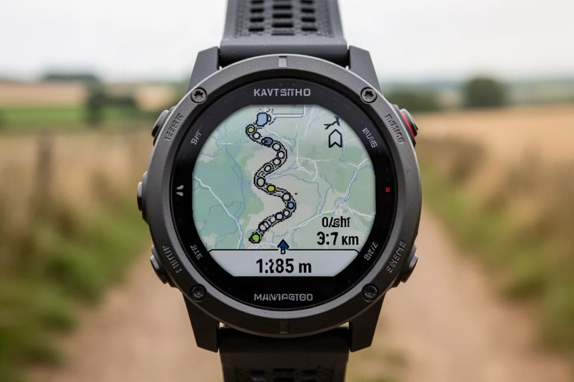 Écran de montre GPS affichant des statistiques de course avec une trace de navigation