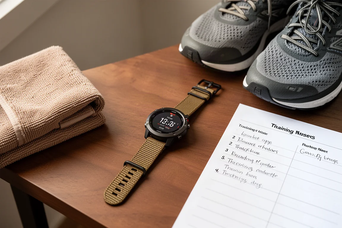 Montre de sport avec bracelet en nylon posée à plat sur un bureau en bois près d'un équipement d'entraînement