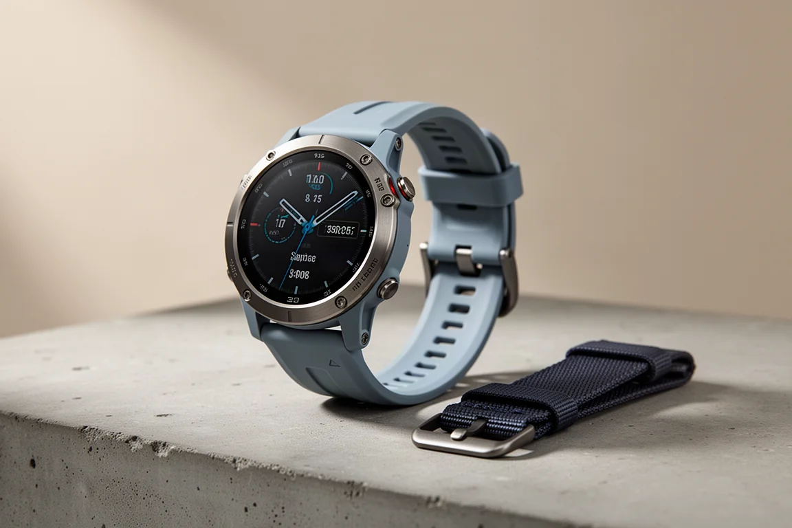 Coros Vertix 2S rugged GPS watch with silicone band and nylon strap on concrete