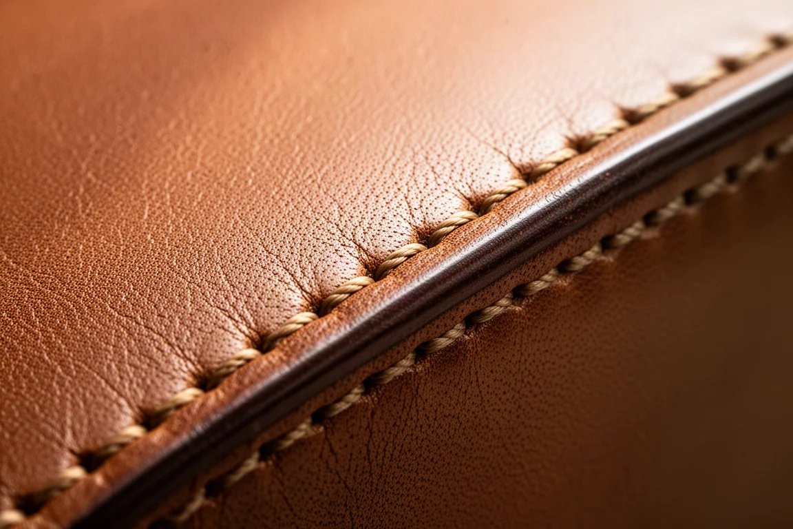 Gros plan sur un cuir à tannage végétal texturé avec grain et coutures visibles