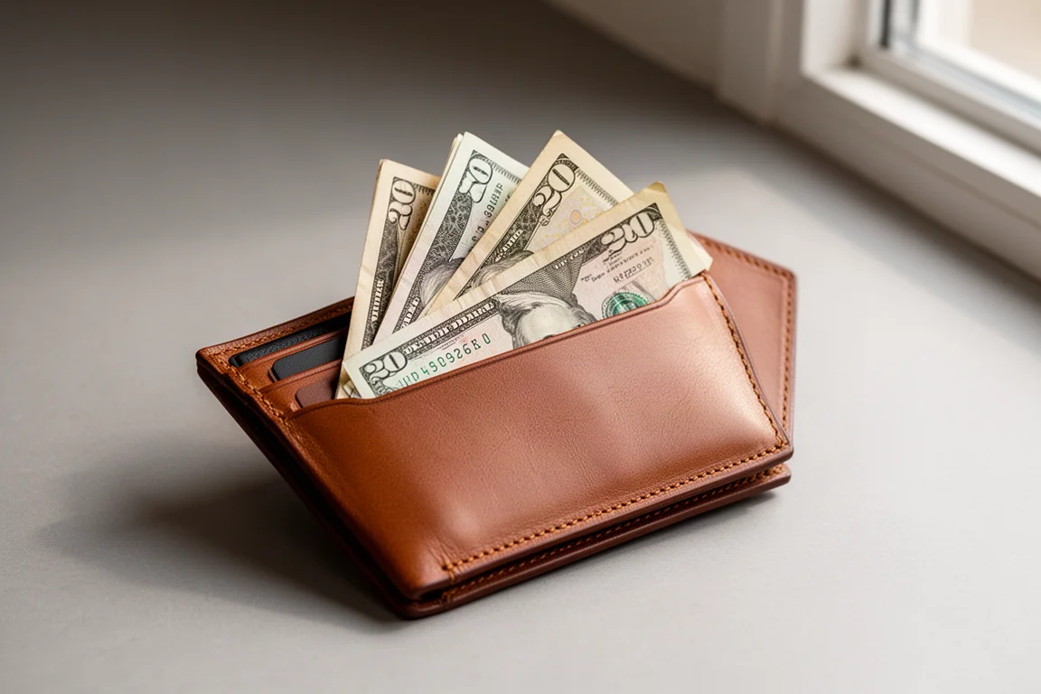 Des billets pliés glissés dans le compartiment à billets d'un portefeuille en cuir sur une surface neutre