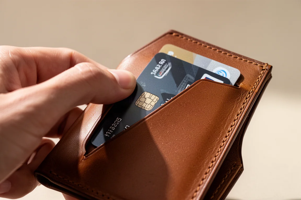 Un pouce poussant une carte hors d'une poche à accès rapide inclinée d'un portefeuille