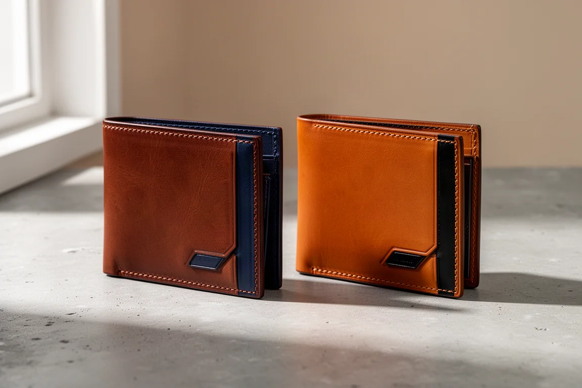 Two slim leather bifold wallets side by side on a concrete surface