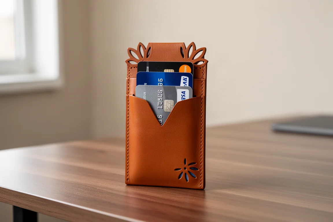 Capa de cartões de couro minimalista segurando vários cartões de crédito sobre uma mesa