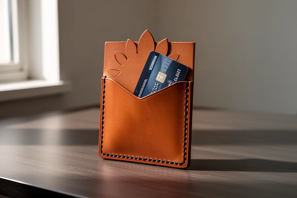 Cognacfarbene minimalistische Kartenhülle aus Leder mit Blütenblatt-Ausschnitten auf einem Holzschreibtisch