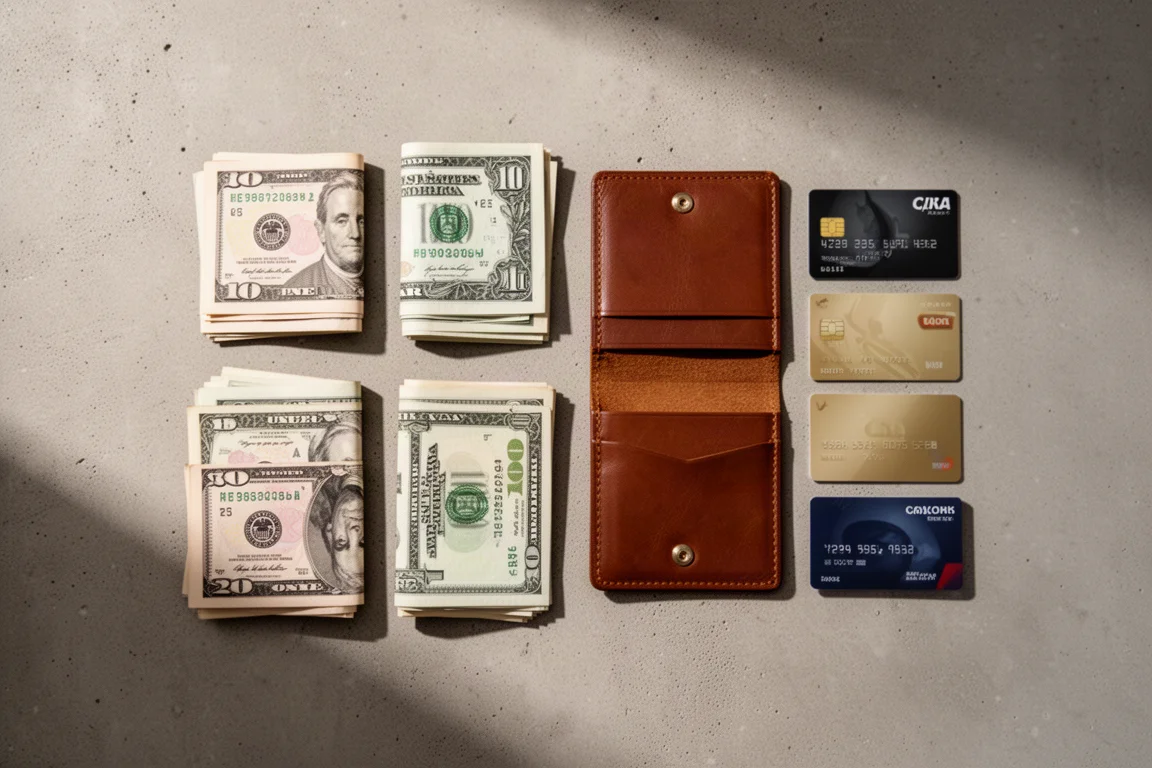四張對摺的鈔票與四張卡片擺放在皮革卡片夾旁
