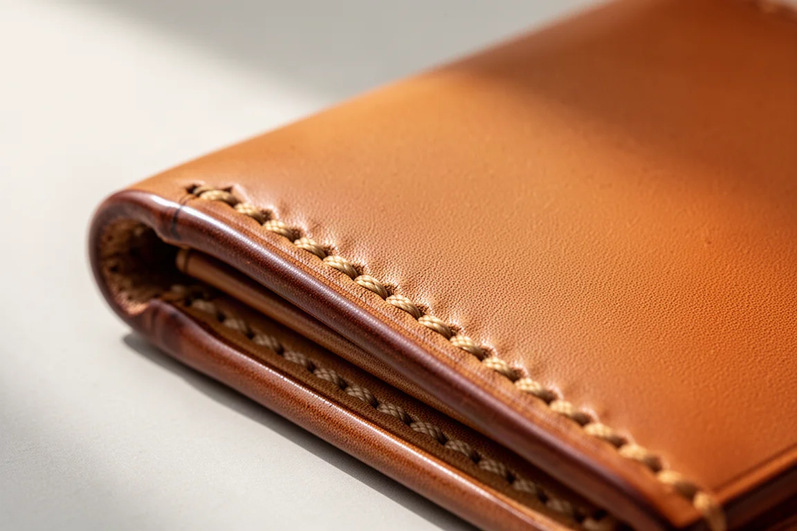 Close-up of hand stitching and burnished edges on tan leather wallet