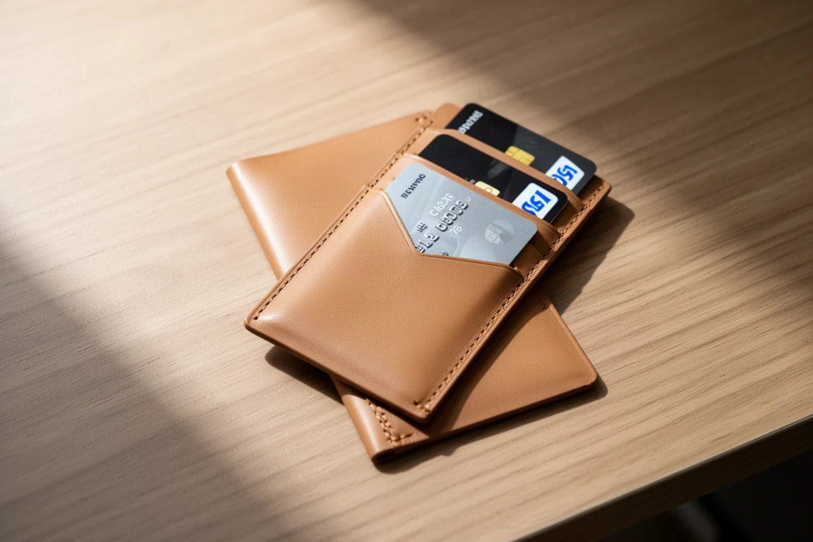 Slim wallet with several credit cards fanned out of the front pocket