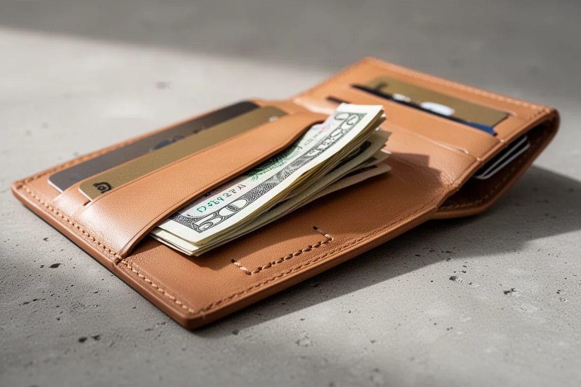 Folded banknotes tucked into the center cash pocket of a leather wallet
