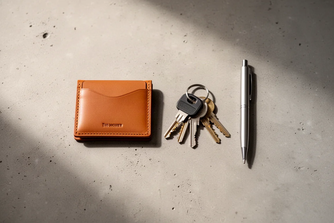 Minimalist flat-lay of wallet, keys and everyday carry items on concrete