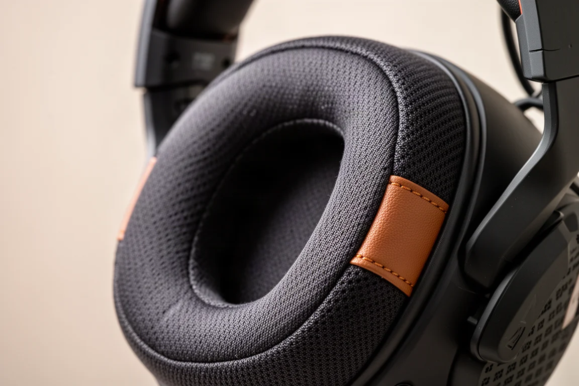 Nahaufnahme einer Headset-Ohrmuschel mit weichem Stoffpolster