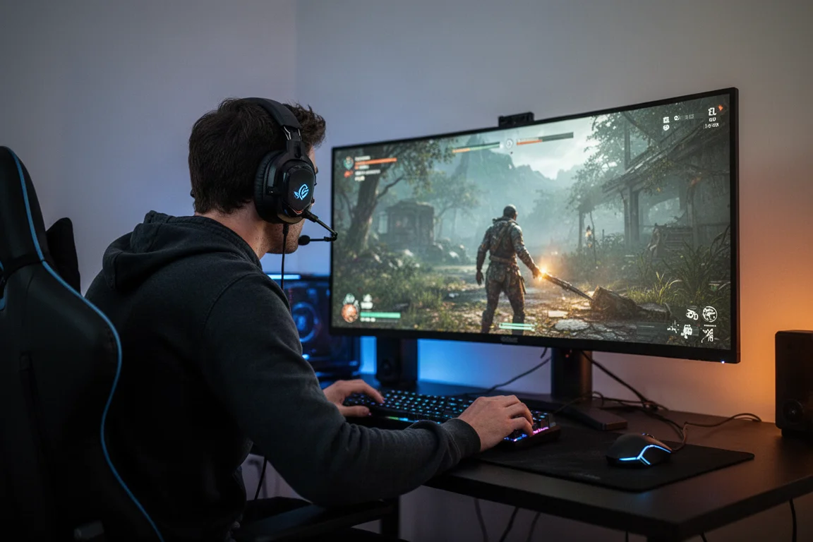 Gamer spielt ein immersives Story-Spiel mit Headset