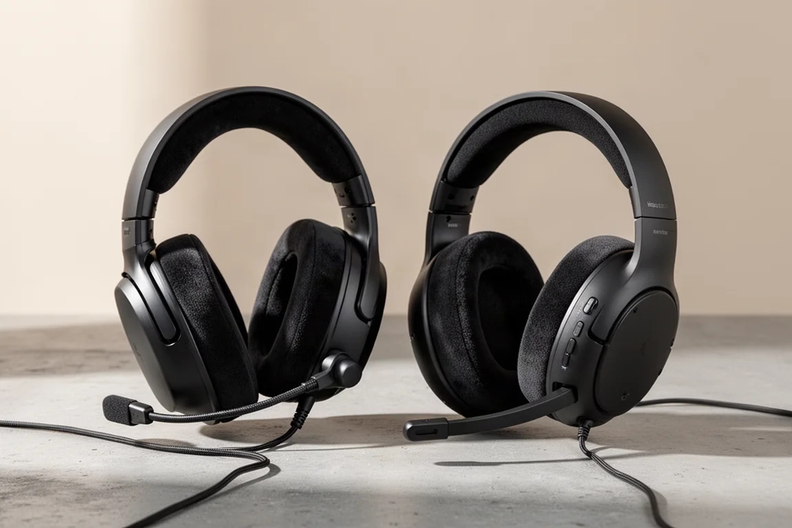 Corsair HS35 V3 有線與無線電競耳機置於水泥地面上