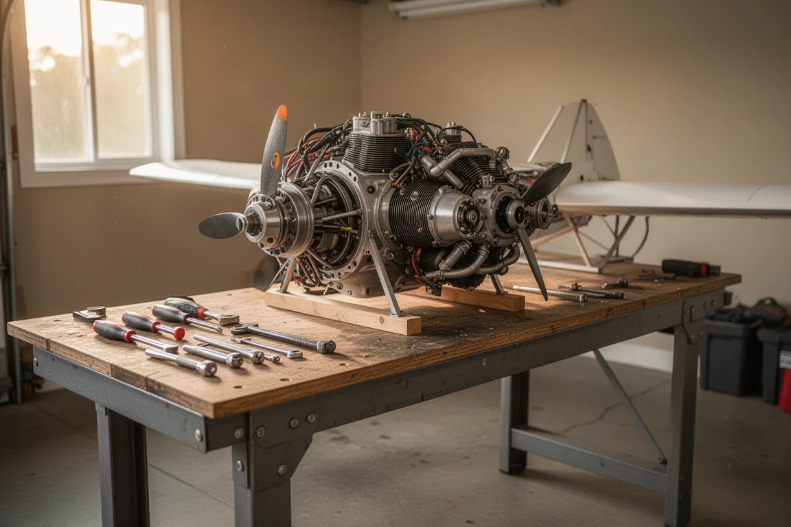 Motor aeronáutico experimental parcialmente montado em uma bancada de trabalho em uma garagem doméstica