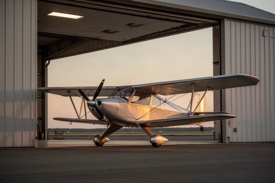 Aeronave experimental monomotor leve estacionada do lado de fora de um hangar aberto ao entardecer